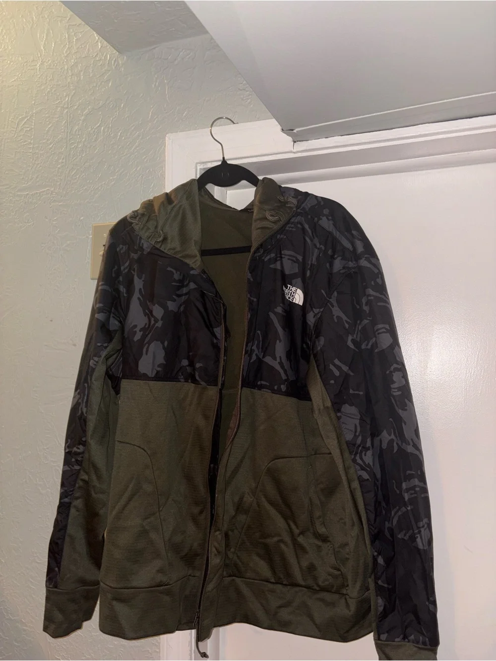 The North Face Olive Green & Black Camo Hooded Performance Jacket